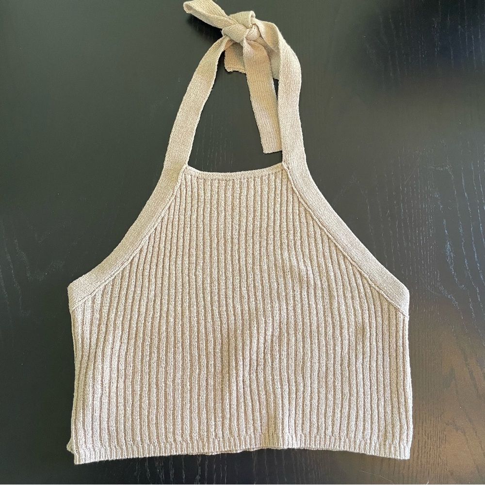 Cotton On Tan Ribbed Knit tan Halter Top With Tie Closure Size Medium boho chic
